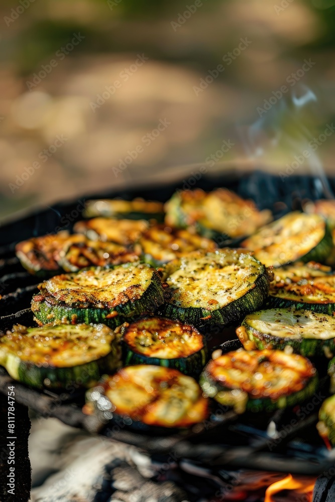 grilled zucchini on the grill against the background of nature. Selective focus grilled zucchini on the grill against the background of nature. Selective focus