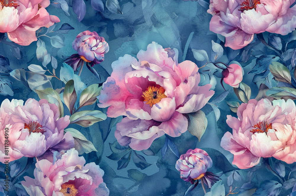 watercolour pink peonies large buds and unopened buds on a blue background watercolour pink peonies large buds and unopened buds on a blue background