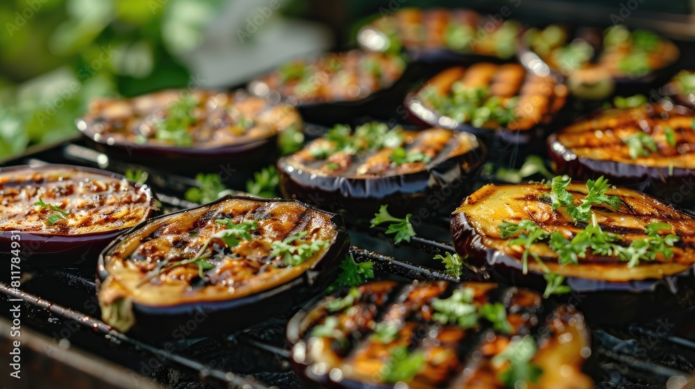 grilled eggplants on the grill against the background of nature. Selective focus grilled eggplants on the grill against the background of nature. Selective focus