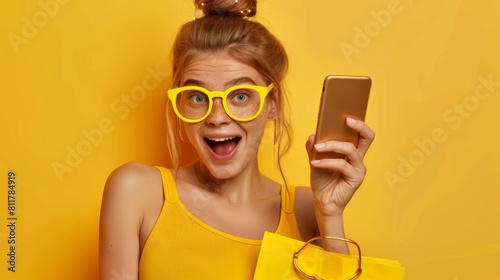 Woman Excited by Smartphone Discovery photo