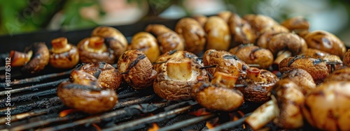 grilled mushrooms on the grill against the background of nature. Selective focus