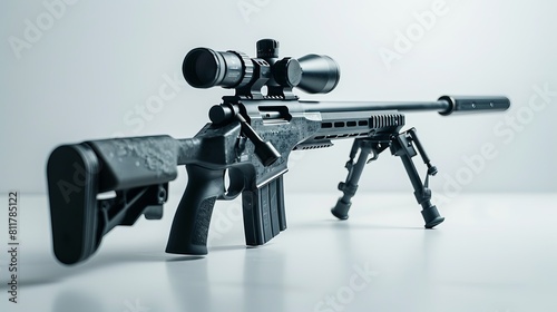 Sniper rifle with white background, optic, and bipod