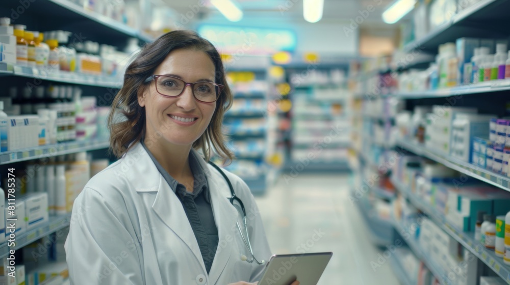 A Smiling Female Pharmacist Working