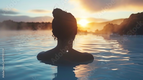 A woman taking advantage of a natural spa Situated on the Reykjanes Peninsula in southwest Iceland, Blue Lagoon is a geothermal spa situated in a lava field close to Grindavk. photo
