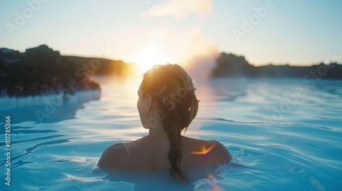 A woman taking advantage of a natural spa Situated on the Reykjanes Peninsula in southwest Iceland, Blue Lagoon is a geothermal spa situated in a lava field close to Grindavk. photo