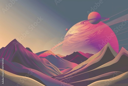 Mars-like desert landscape under a large ringed planet. Vivid space backdrop for astronomy or science fiction visuals.. Beautiful simple AI generated image in 4K  unique.