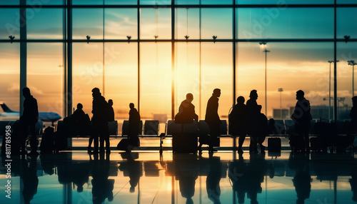 silhouette of passengers waiting in front of a large window at an airport
 photo