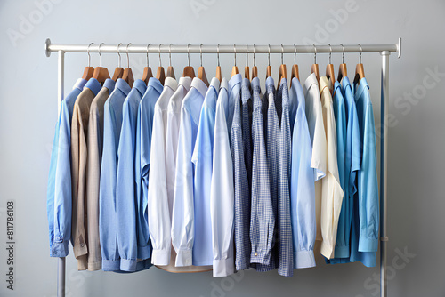 Rack with clothes after dry-cleaning on light background