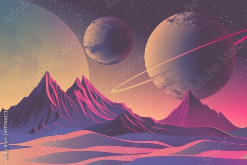 Mars-like desert landscape under a large ringed planet. Vivid space backdrop for astronomy or science fiction visuals.. Beautiful simple AI generated image in 4K  unique.