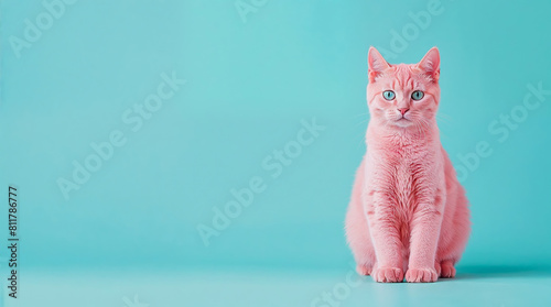 chat avec les poils roses sur un fond bleu, assis, vu de face photo