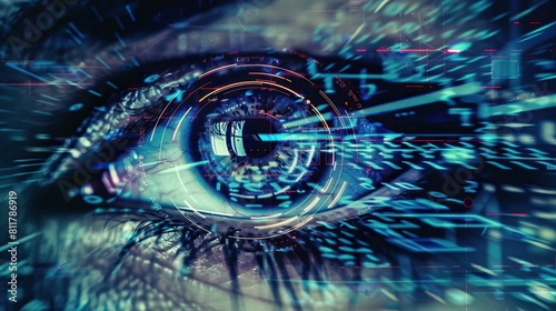 A compelling image depicting an eye focusing intently, overlaid with digital warning signals and symbols of scum hacking incidents on devices like smartphones and laptops photo