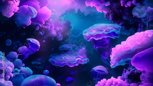 A cluster of jellyfish gracefully drifts through the open waters of the ocean, A vibrant alien ocean with luminescent underwater creatures photo
