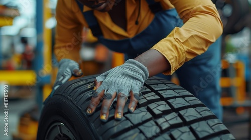 A Mechanic Checking Car Tire