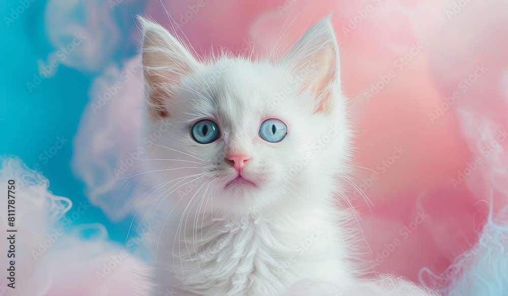 Portrait of a fluffy white kitten with striking blue eyes in colorful clouds Portrait of a fluffy white kitten with striking blue eyes in colorful clouds