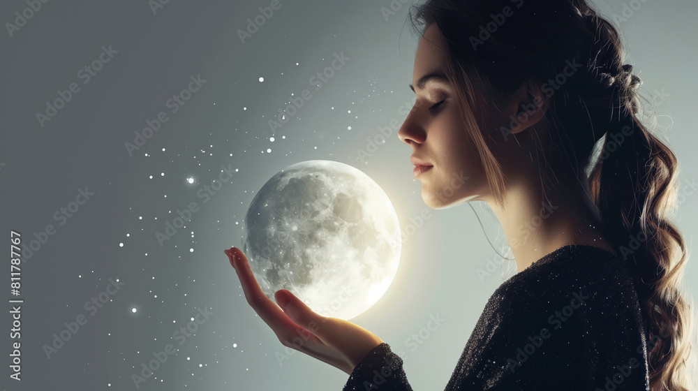 Naklejka premium Girl holding a 3D Moon Phases