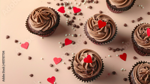 Tasty chocolate cupcakes for Valentines day on beige b