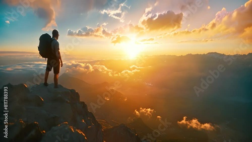 Man Standing on Top of Mountain With Backpack, An invigorating sunrise view from a mountaintop with a backpacker greeting the new day photo