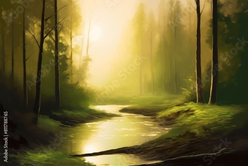 a painting of a forest with a stream ai