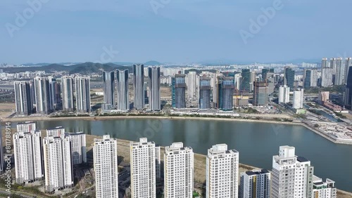 Aerial view around the Landmark City Waterfront, Apartment City Building, Songdo International Business District, Incheon, Asia, South Korea. photo