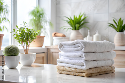 towel stack on white table on bathroom interior background