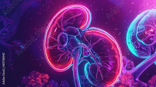 A detailed synthwave art piece depicting the kidney, using neon colors to differentiate between macro anatomy and micro cellular structures for a visually striking educational tool photo