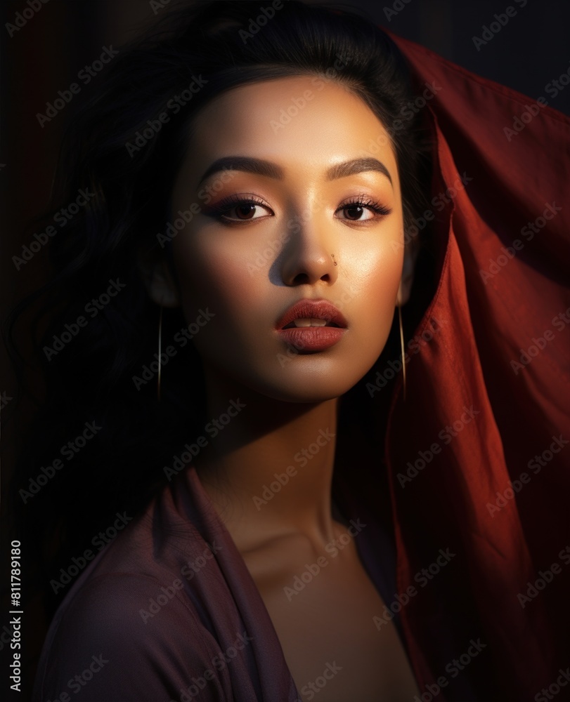 Portrait closeup of beautiful Asian woman. Fashion girl with natural makeup. The sun touches her skin Portrait closeup of beautiful Asian woman. Fashion girl with natural makeup. The sun touches her skin