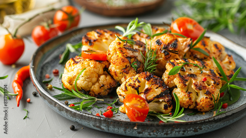 Tasty grilled cauliflower with tomatoes on plate