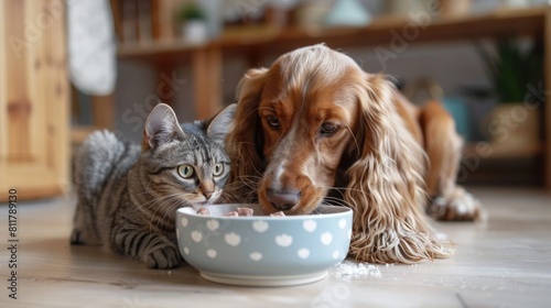 A Cocker Spaniel and a Persian cat gently eating raw rabbit meat from a shared bowl, set in a cozy kitchen setting © Татьяна Креминская
