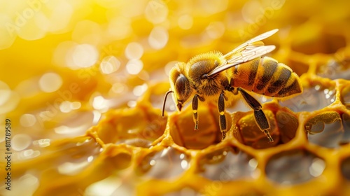 Honeybee at Work on a Honeycomb. Generative ai © Scrudje