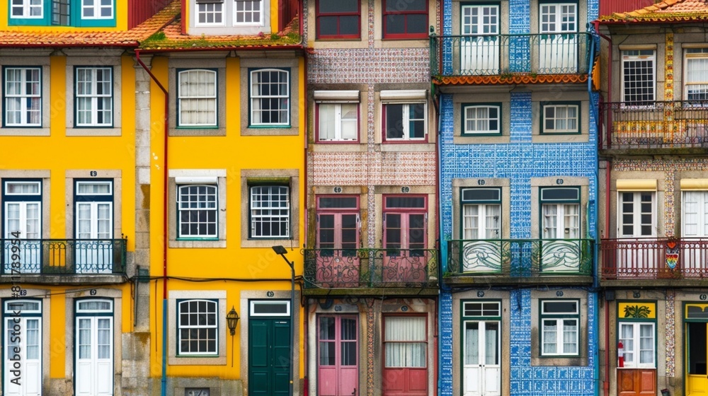 Colorful houses with traditional portuguese glazed tile in Porto, Portugal.