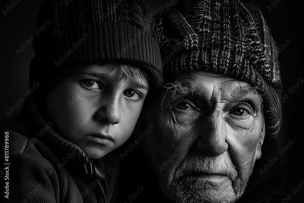Captured in timeless black and white, this powerful portrait contrasts youth and age, mirroring life's profound journey. Captured in timeless black and white, this powerful portrait contrasts youth and age, mirroring life's profound journey.