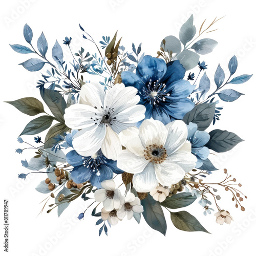 Watercolor clip art of a bouquet of white and blue winter flowers