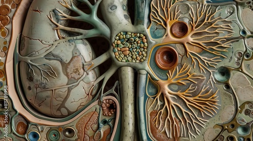 A detailed crosssectional view of a kidney showing both macro and micro perspectives, used for educational and diagnostic purposes in medical contexts photo