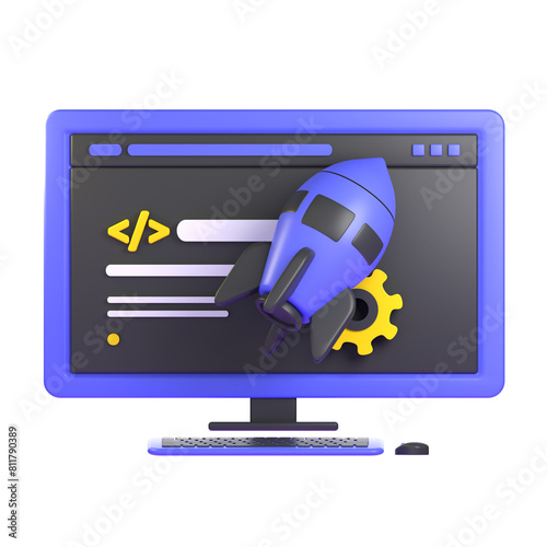 A computer monitor with rocket and code symbol. 3d illustration icon. Cartoon minimal style.
