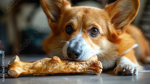 A Corgi gnawing on a large raw bone, placed on a clean white surface to highlight the contrast and focus on the feeding act photo