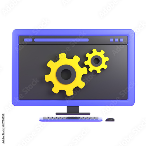 a computer monitor with a yellow gear on it. 3d illustration icon. Cartoon minimal style.