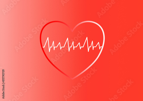 Electrocardiogram, visual representation of heart health, heartbeat, frequency and monitoring. Red background.