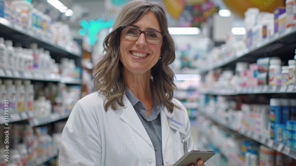 A Smiling Pharmacist Holding Tablet