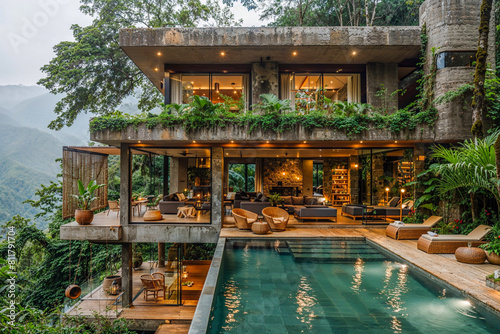 Exterior of a modern lush resort with cantilevered terraces and infinity pool surrounded by lush greenery © Giordano Aita