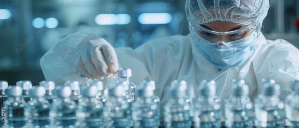 Focused lab technician inspecting vials in a pharmaceutical lab. Focused lab technician inspecting vials in a pharmaceutical lab.
