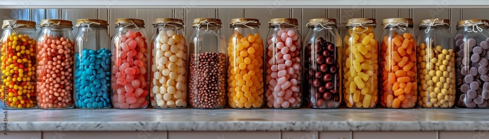 A row of glass jars filled with various colored candies A row of glass jars filled with various colored candies