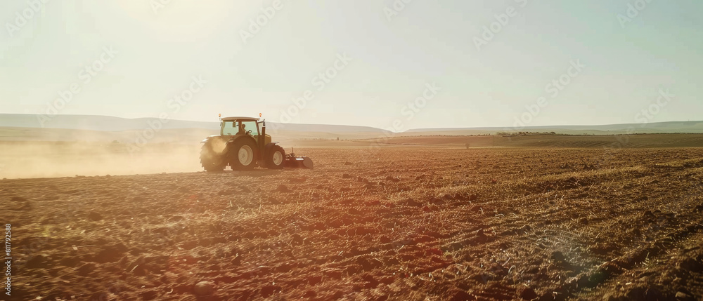 Fototapeta premium Tractor tilling soil at sunset, preparing the field for planting.