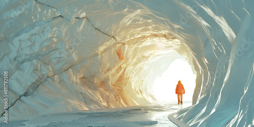 Ice cave paradise for ice climbing with moutaineer winter landscape banner photo