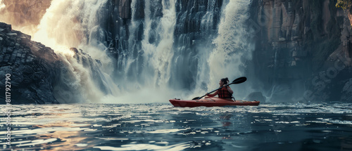 Adventurous kayaker paddles towards a captivating waterfall's mighty cascade. photo