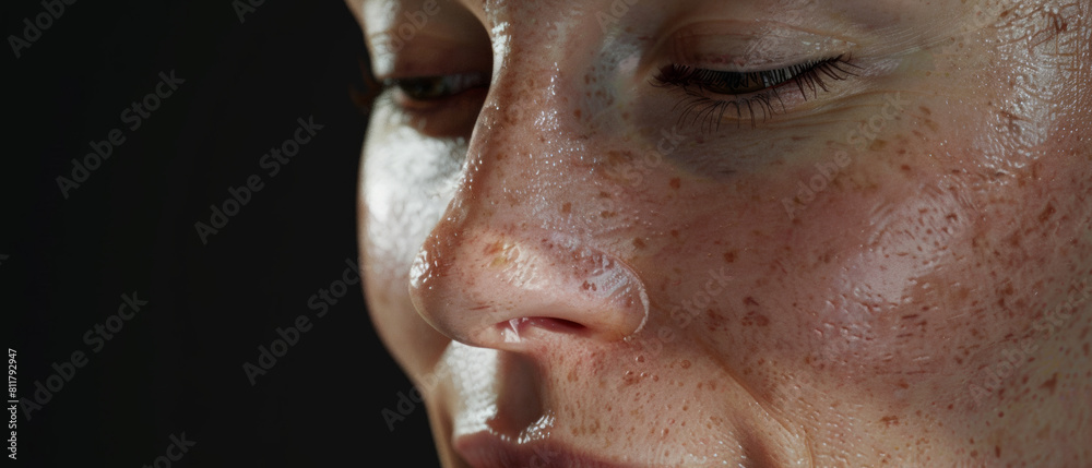 Fototapeta premium Close-up of a woman's face, her freckles and expression conveying a thoughtful, introspective mood.