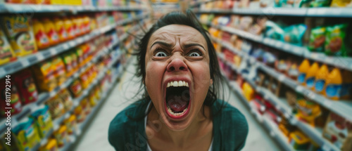 Overwhelmed shopper screams in frustration among grocery store aisles.