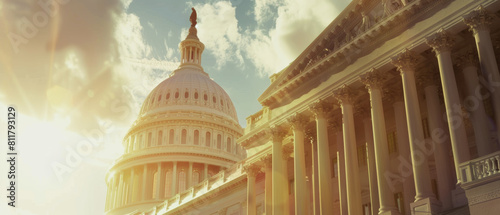 Majestic morning sunlight illuminates the iconic domed U.S. Capitol Building in an inspiring scene. photo