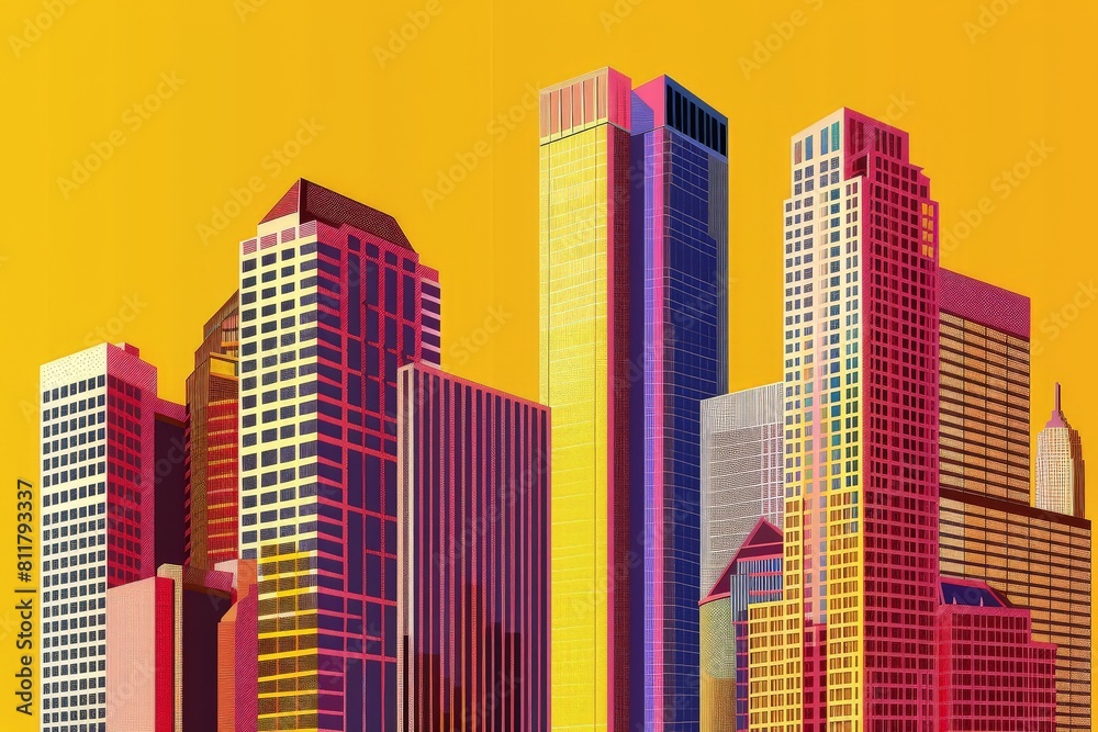 Obraz premium High-rise houses of the metropolis in the clouds. Roofs of skyscrapers in the blue sky. Multicast vector.. Beautiful simple AI generated image in 4K, unique.