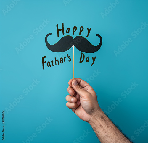 Happy Father's Day background concept with hand holding black mustache on bright blue blackground