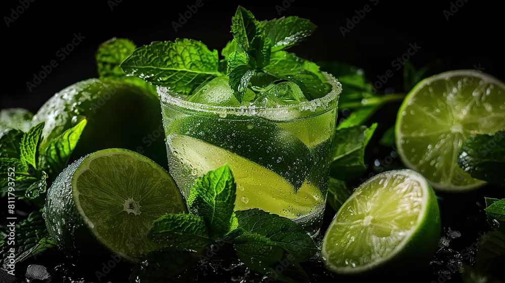 Close-up photography of a refreshing Mojito, skillfully highlighting the delicate veins of the vibrant mint leaves and the glistening, translucent lime slices, making it a visual delight for the sense Close-up photography of a refreshing Mojito, skillfully highlighting the delicate veins of the vibrant mint leaves and the glistening, translucent lime slices, making it a visual delight for the sense